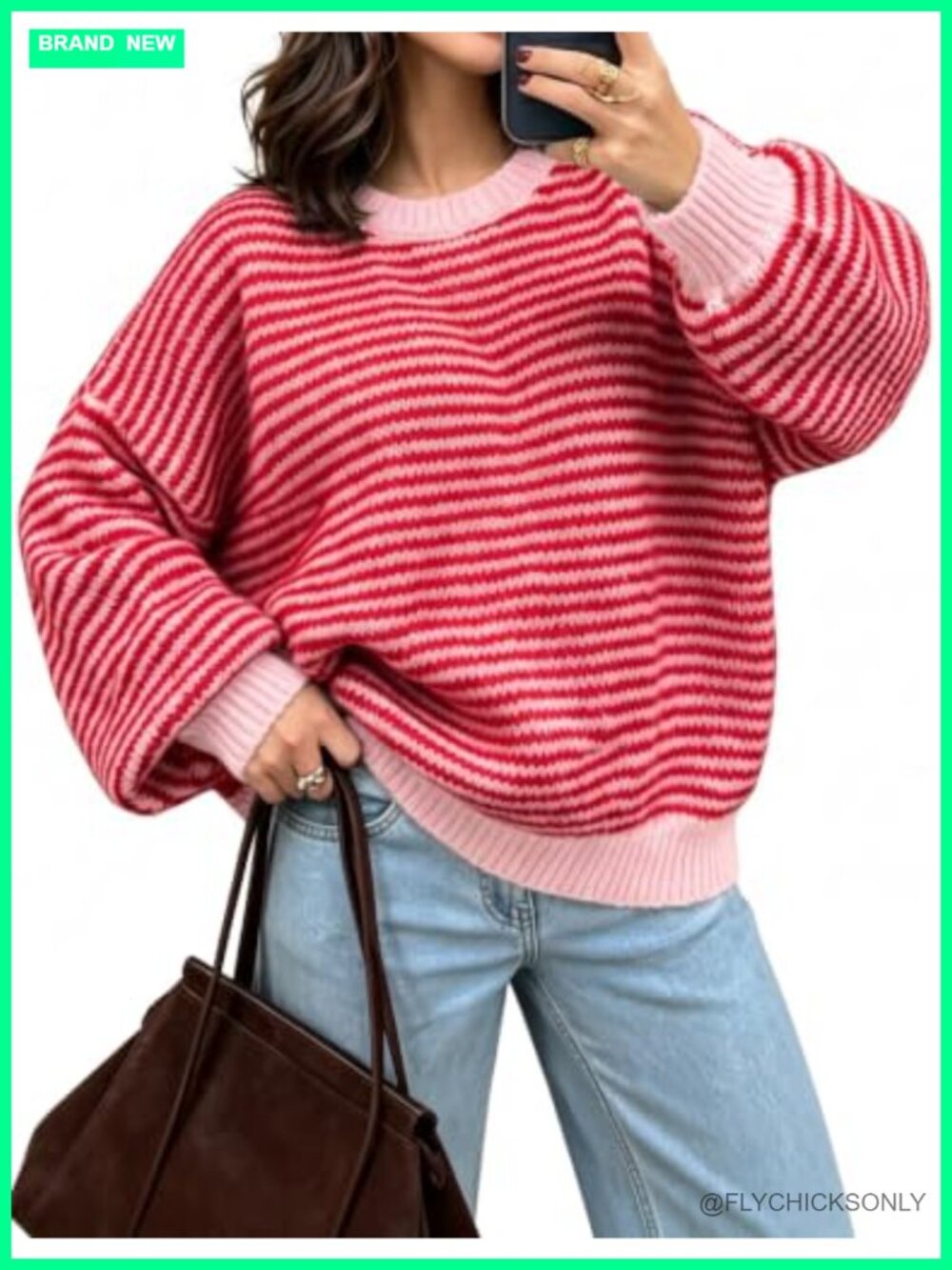 Oversized Striped Color Block Knit Pullover Sweater Crewneck Lantern Sleeve
